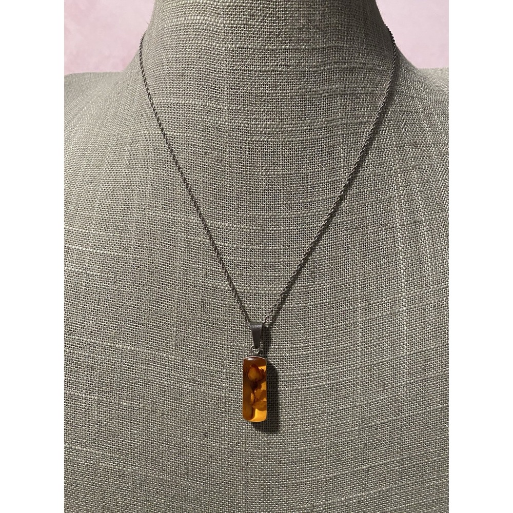 Vtg 925 Sterling Silver Mexico Amber Rose Pendant On 925 Italy Chain Necklace.